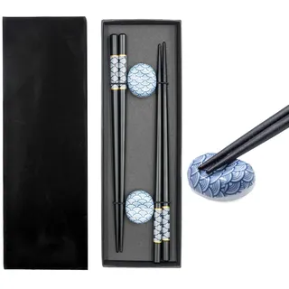 Intirilife Essstäbchen Set in Schwarz mit blauem Fächermuster - 2 Paar Stäbchen 22.7 cm Länge mit 2 Stäbchenhalter 3.5x2.8x1.4 cm - Sushi Essstäbchen