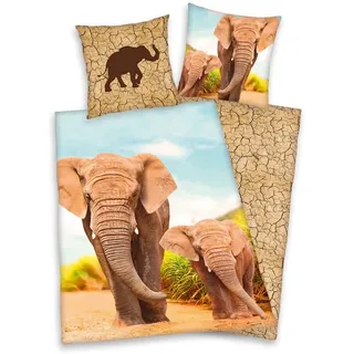 Herding Kinderbettwäsche Bettwäsche Elefant mit Baby 135x200 cm (80x80 cm), 2 teilig, Langlebig bunt