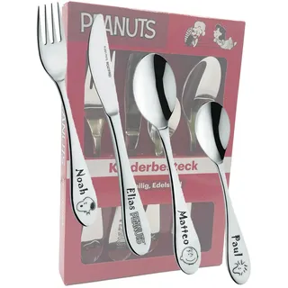 Peanuts Kinderbesteck mit Gravur - Personalisiertes Besteck mit Namen oder Datum - Edelstahl Kinderbesteck Set mit Gravur - Geschenk zur Geburt, Taufe, Geburtstag, Geschenk Junge & Mädchen