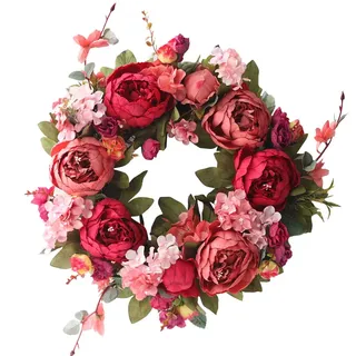 Künstlicher Kranz mit Blumen und Blätter,Dekorativer Wandkranz Türkranz Eukalyptus Künstlich Kunstpflanzen Pflanzengirlande Deko Frühling für Hochzeit Haustür Fenster Kamin Wanddekoration,Pfingstrose