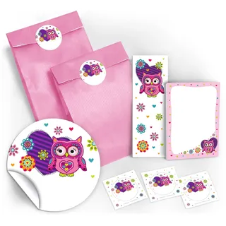 12 Geschenktüten / hellrosa + 12 Aufkleber + 12 Lesezeichen + 12 Mini-Notizblöcke "Eule" / Mitgebsel Gastgeschenk für Kinder Jungen Mädchen beim Kindergeburtstag Geburtstag Hochzeit Taufe