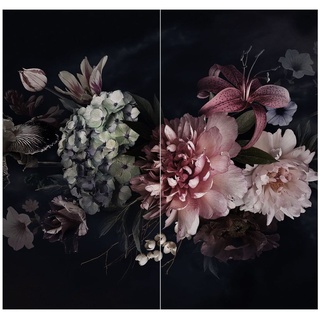 Duschrückwand - Blumen mit Nebel auf Schwarz, Material:Hartfolie Smart Glanz 0.32 mm, Größe HxB:2-teilig à 190x80 cm
