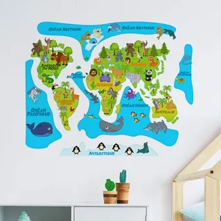Sticker für Kinder | Wandaufkleber Weltkarte – Wanddekoration Kinderzimmer | 90 x 105 cm