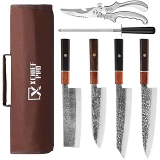 Handgeschmiedetes Japanisches Messer Set aus Kohlenstoffstahl 4-teilig | Profi Kochmesser Set inkl. Kiritsuke/Gyutou/Santoku/Nakiri Messer mit Geflügelschere&Tragetasche für Küche Camping BBQ