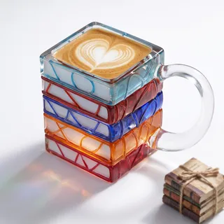 3D Buchtasse aus Glas, Bücherstapel Kaffeetasse mit farbigem Motiv, Glastasse mit Bücherregal Design, Originelles Geschenk für Buchliebhaber und Leseratte