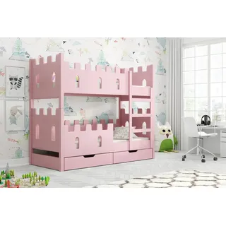 thematys Hochbett mit Rausfallschutz und Schubladen Etagenbett Bett + 2 Matratzen (MADE IN EU - Kinderbett für Jungen und Mädchen - Rosa, Blau, Weiß oder Grau, 2 Schubladen, Lattenrost - 80x160 / 80x180cm EINZIGARTIG AUF OTTO.de) aus Kiefer MDF Platten - für Prinzen und Prinzessinen rosa