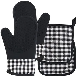 Rosenstein & Söhne Backofenhandschuhe: 4er-Set Silikon-Ofenhandschuhe und Topflappen, bis 240 °C, abwischbar (Topfhandschuhe, Silikonofenhandschuhe, BBQ)