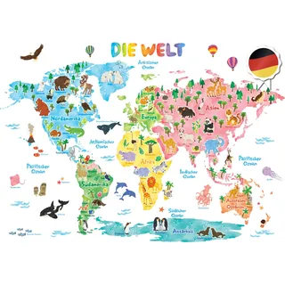 DECOWALL Weltkarte Tiere Wandsticker Deutsch für Kinderzimmer (DL3-1615DE) | Extra große deutsche Tierweltkarte mit Kontinenten und Ozeanen; abziehbar für Kinderzimmer, Spielzimmer oder Lernbereich