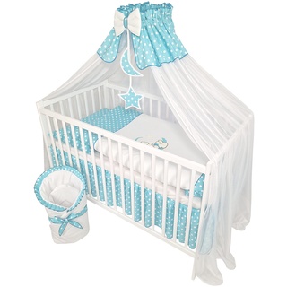 Bello24 - 13 Teiliges Babybett Kinderbett und Bettwäsche komplett Set Timmi inkl. Matratze höhenverstellbar für Neugeborene Babys und Kleinkinder aus Massivholz Bestickt (Teddybär Mond Azurblau)