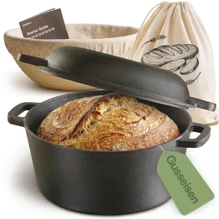 Praknu Gusseisen Topf für Brot Backen Set (26 cm Brottopf) – Inkl. Gärkorb, Brotbeutel & Brotbacktopf – Bräter mit Deckel –Brotbackform – Brot Backen Zubehör- Rund 4,7 L