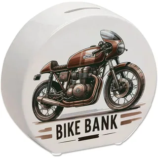 Cafe Racer Motorrad Spardose mit Spruch Bike Bank Cafe-Racer in Braun Retro Design