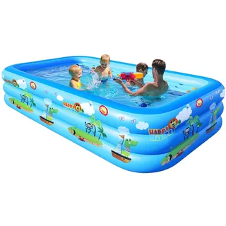 GALAXYER Aufblasbares Planschbecken mit Cartoon-Aufdruck, 3 Ringe Family Pool für Kinder, Kleinkinder, Erwachsene, Indoor Outdoor Garten Blau Swimmingpool, 290 × 163 × 50 cm