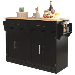 STILVORA Küchenwagen Servierwagen 92x120x71 cm Schwarz+Natur klappbare Tischplatte mit Rollen Holzfüße 2 Schubladen 4 Türen