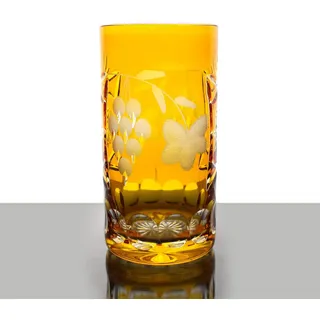 Longdrinkglas Traube Weinrebe 340ml Trinkbecher Bleikristall geschliffen gelb