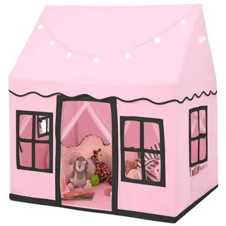 KOMFOTTEU Spielzelt Kinderspielhaus Kinderzelt mit Sternenlichtern & Matte, für 3 Kinder/2 Erwachsene rosa|schwarz