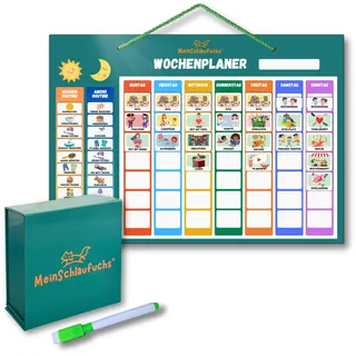 MeinSchlaufuchs® Wochenplaner Kinder - Montessori Magnettafel inkl. 250 Magnete, Aufbewahrungsbox, Kordel & Stift - 2-in-1 Wochenplan & Routineplan - Morgenroutine & Abendroutine für Kinder (Grün)