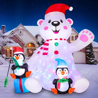 Aimosen 7FT/2.1 M Aufblasbare Weihnachtsdekoration, Aufblasbarer LED-Lichter Sitzender Eisbär – Zwei Pinguine, Party Dekoration Innen/Außenhof-Weihnachtsdekoration (210 cm Eisbär)