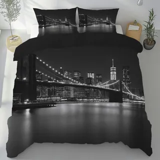 Dyjuaa Brooklyn Bridge Bettwäsche 180x200 cm Sommer New York Stadt Nachtsicht Wendebettwäsche Atmungsaktiv 2 Kissenbezüg 80x80 cm Bettbezug Microfaser Weich & Bügelfrei mit Reißverschluss