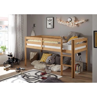 möbelando Kinderbett Keni, Modernes Hochbett mit Leiter & 90 x 200 cm Liegefläche - Platzsparendes Kinder Etagenbett aus massiver Kiefer, Natur - 97 x 113 x 207 cm (B/H/T)