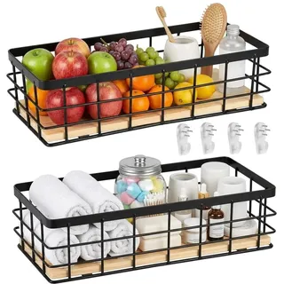 Drahtkorb,Metallkorb Schwarz Dekokörbe Haushalt Wandkorb Metall Badezimmer Aufbewahrungskorb Korb Metall Abnehmbarer Holzsockel für Obst Snacks Küche Speisekammer(2 Stück),29x13x10 cm
