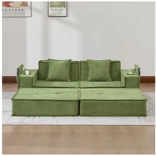 REDOM Sofa Zweisitzer aus Stoff mit 2 Kissen, Doppelschlafsofa inkl. Fußhocker mit Stauraum und Getränkehaltern, Loungesofa Ecksofa grün
