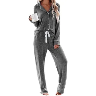 Aamikast Schlafanzug Damen Lang Pyjama Sets mit Knopfleiste Zweiteiliger Nachtwäsche Hausanzug(XL,Dunkelgrau) - XL