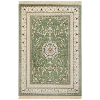 Nouristan Naveh Orient Teppich – Wohnzimmerteppich Orientalisch Kurzflor mit Fransen Vintage Orientalischer Samt-Teppich für Esszimmer, Wohnzimmer, Schlafzimmer – Grün, 135x195cm