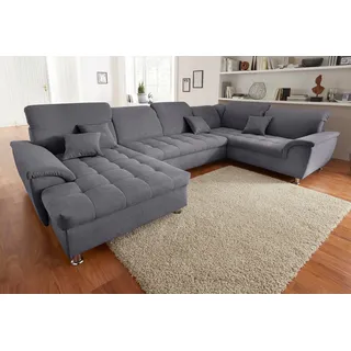 DOMO collection Wohnlandschaft U-Form Polyester 3-Sitzer Dunkelgrau