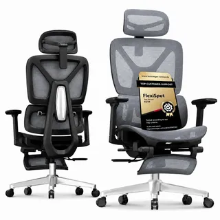 FLEXISPOT ErgoX Ergonomischer Bürostuhl mit Fußstütze Grau | 3D-Armlehnen, 3D-Kopfstütze, 5 Fach höhenverstellbare Rückenlehne, Atmungsaktiver Mesh Sitz, Arbeitsstuhl