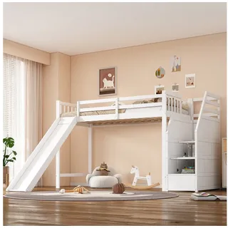 Flieks Hochbett Etagenbett mit oberem Lattenrost, Stauraumtreppe und Rutsche 90x200cm weiß 227.5 cm x 255.5 cm x 147 cm