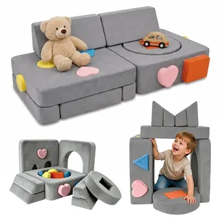 Relaxdays Kindersofa modular 130 x 40 x 65 cm Kunststoff blau/grau/orange