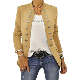 shownicer Damen Blazer Elegant Anzugjacke Mantel mit Knopfleiste Military Blazer Lang Slim Fit Freizeit Stehkragen Business Büro Anzug Jacken A Gelb L - L