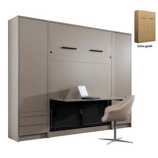 QMM TraumMöbel Schrankbett Wandbett GN 140x200 mit Schreibtisch & 2 Schränken (Set) vertikal klappbar beige
