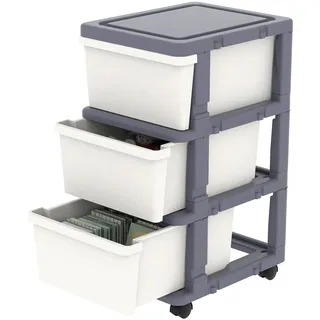 Cetomo Schubladenbox, Schubladenschrank, Aufbewahrungsturm mit Rollen, Kunststoff Schubladencontainer, Rollcontainer für Büro, Schlafzimmer, Wohnheim, Über DIN A4, Grau & Weiß - 3 Schubladen