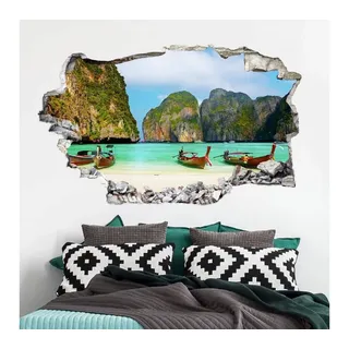 K&L Wall Art Wandtattoo 3D Wandtattoo Aufkleber Badezimmer Wellness Strand Urlaub Südseebucht, Mauerdurchbruch Wandbild selbstklebend bunt 80 cm x 49 cm