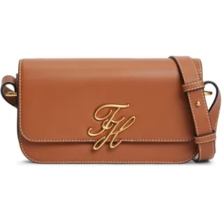 Tommy Hilfiger TH Script Flap Crossover Umhängetasche Leder Cognac