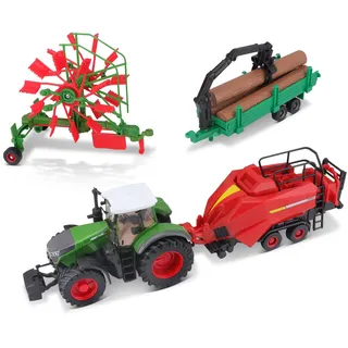 BBURAGO 4 in 1 Set Fendt 1050 Vario Traktor mit 3 Anhänger, grün - Bauernhof Modelltraktor Spielzeugtraktor mit Schwungrad-Antrieb, Spielzeugtraktor für Kinder ab 3+ (18-31701)
