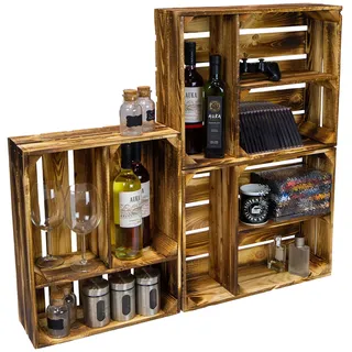 Kistenkolli Altes Land Gewürzregal aus Holz geflammt Obstkisten Traute mit zwei Ebenen ca 50cm x40cm x16cm/ Regalkiste Holzkiste/Weinkisten Wanddeko Vintage Kiste Wandregal CD-Regal (3er set Traute)