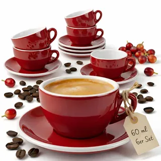 MUVELL Espressotassen Set 60 ml | Rot | Italian Style | dickwandig & schwer | spülmaschinenfest | Espresso 6er Set mit Untertassen - Geschenkset