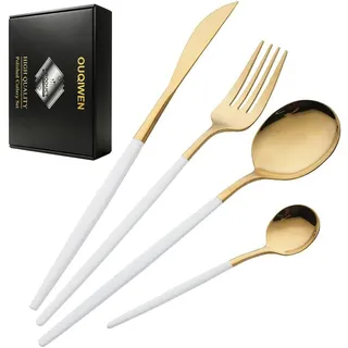 16 Teiliges Besteck Weiß Gold,Edelstahl Besteck Gold Weiß 4 Personen | Elegantes Essbesteck Set mit Messer / Gabel / Löffel / Teelöffel(Handwäsche Empfohlen)