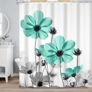 ASDCXZ Türkis Blumen Duschvorhang 165x180 cm, Aquarell Türkis Grau Gänseblümchen Blume Rustikal Bauernhaus Wasserdicht Badvorhang Polyester Textil Waschbar Duschvorhänge für Badewanne mit 12 Haken