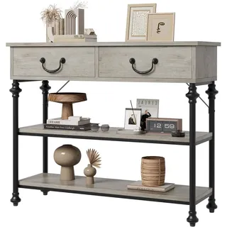 GarveeMore Konsolentisch 3-stufiger mit 2 Schubladen,kleiner Eingangstisch,100x30x80cm, Sofatisch Flurtisch Eingangstisch Beistelltisch für Wohnzimmer grau