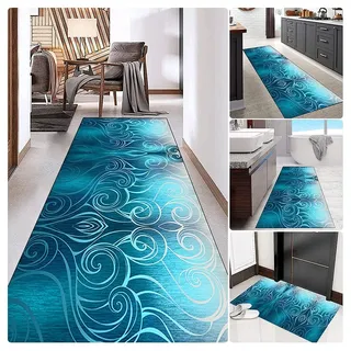 Siunwdiy Küchenläufer Küchenteppich waschbar rutschfest Teppichläufer Blau läufer teppiche Flur Modernes Schlafzimmer Bettumrandung Teppich für Korridor Teppich Wohnzimmer Schlafzimmer,Blau,70x230cm
