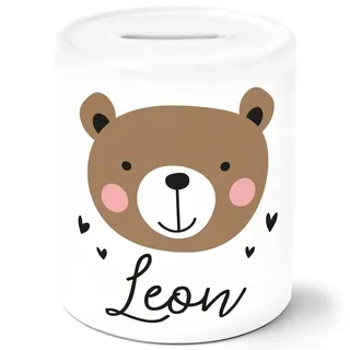 SpecialMe® Kinder Spardose mit Namen Bär Fuchs Einhorn Tiermotive personaliserte Geschenke Sparschwein Keramik Bär weiß Spardose