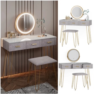 Vicco Schminktisch Frisiertisch Schminkkommode Layla Weiß Grau LED-Spiegel Design-Hocker 100x79 cm modern Schlafzimmer Kommode Schublade Ablage Aufbewahrung Touch-Switch Kosmetiktisch Make-Up-Tisch