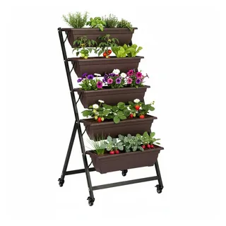 KAHOO Pflanzentreppe Hochbeet, Pflanzbeet aus Metall mit 5 Etagen, Blumentreppe, Pflanztreppe mit Rollen 65x65x135cm für Balkon, Terrasse und Garten braun