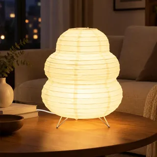 DASIAUTOEM Reispapier Lampenschirm Tischlampe E14 Papierlampe Weiß 26cm | Reispapier Tischlampe mit E14 Fassung, Schalter & Kabel – weiches Stimmungslicht für Schlafzimmer, Wohnzimmer und Büro