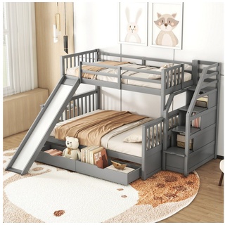 MODFU Etagenbett Kinderbett mit Schubladen, Stauraum und Rutsche, multifunktional (Holzbett 90 x 200 über 140 x 200), ohne Matratze grau