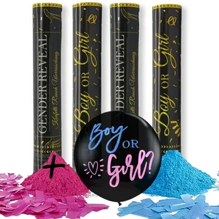 D2D | Gender Reveal Komplett Paket - 2 Kanonen in Blau & 2 Kanonen in Rosa - Incl. Gender Reveal Ballon in XXL - Boy or Girl - Baby Shower Party - Party Popper (SET)