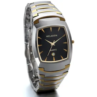 JewelryWe Herrenuhr Wolfram Rechteckige Uhr: Luxus Edle Kalender Analog Quarz Armbanduhr Herren Wolframcarbid Business Casual Uhr mit Schwarz Eckigem Zifferblatt Gold/Silber Geschenk für Männer